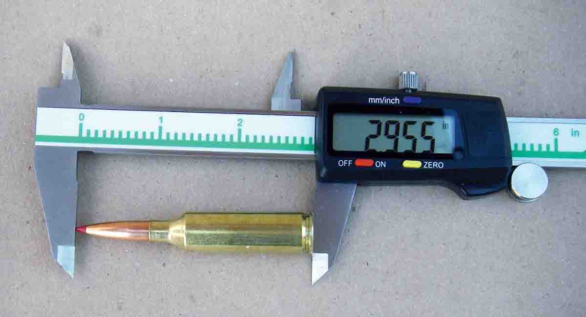 Maximum overall cartridge length for the 6.5 PRC is 2.955 inches, which is too long for some bolt-action rifles with a short action, or .308 Winchester-length action.